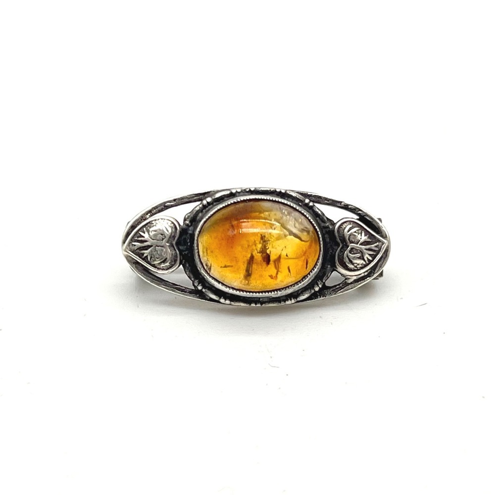 Vintage Sterling Silver Baltic Amber Heart Brooch Pin‎ 3.5g 1 Inch